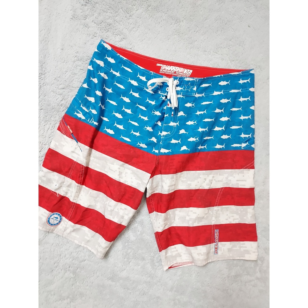 Pelagic Board Shorts Mens 36 Fourth Of July Patriotic Sharkskin Red White Blue